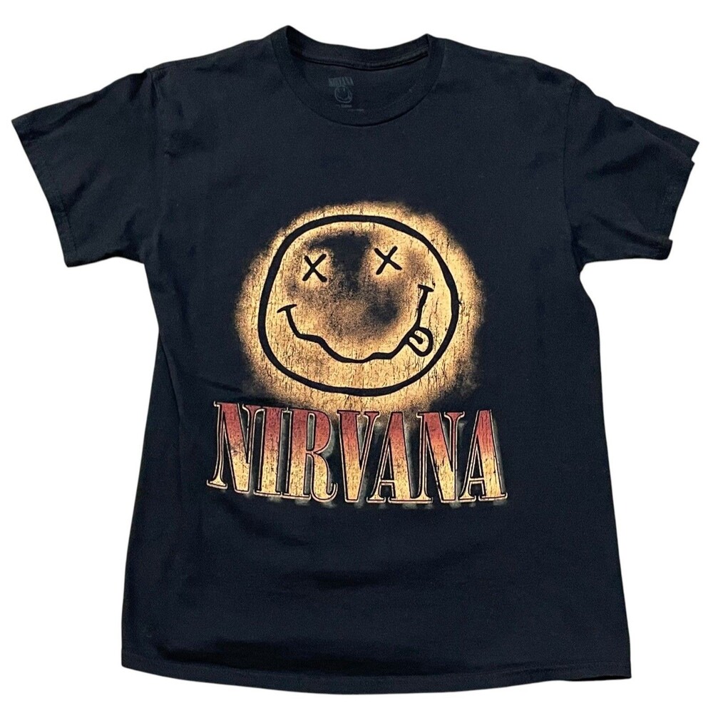 Nirvana Mens Short Sleeve Smiley Face Logo Crew Neck T Shirt Black Size M